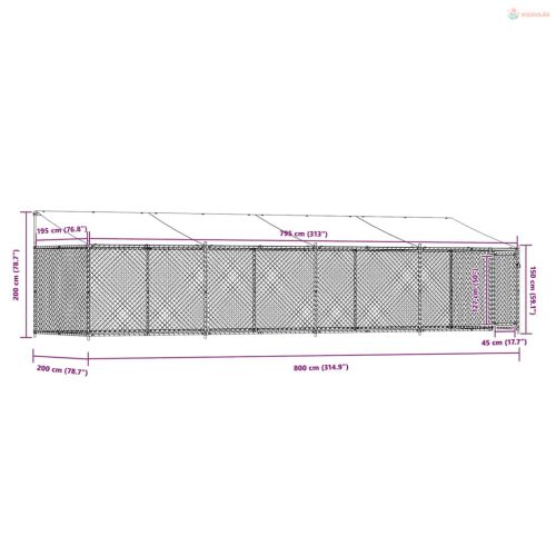 Szürke horganyzott acél kutyaketrec tetővel és ajtóval 8x2x2 m