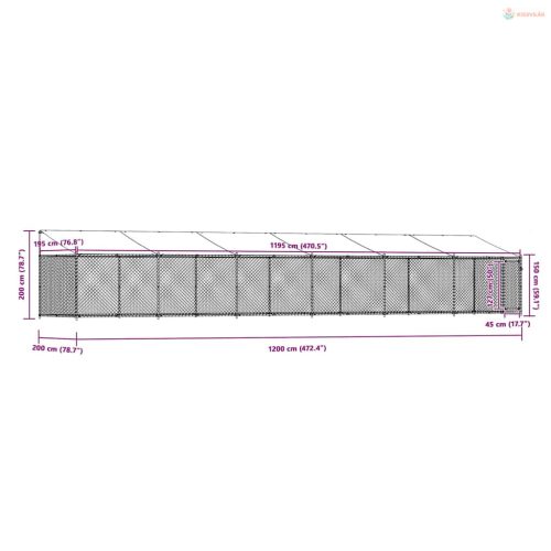 Szürke horganyzott acél kutyaketrec tetővel és ajtóval 12x2x2 m