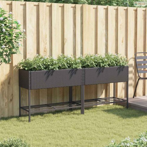 2 db fekete polyrattan kerti ültetőláda polccal 90 x 40 x 75 cm