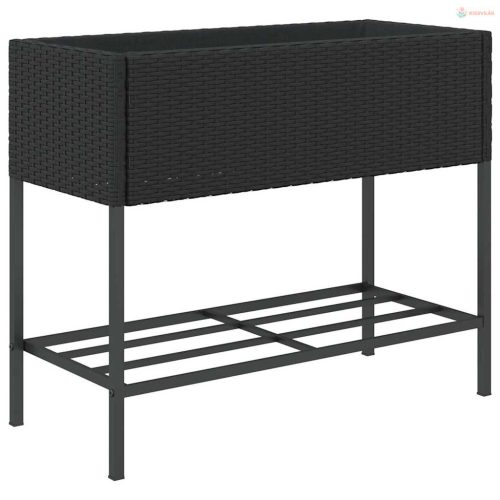 2 db fekete polyrattan kerti ültetőláda polccal 90 x 40 x 75 cm