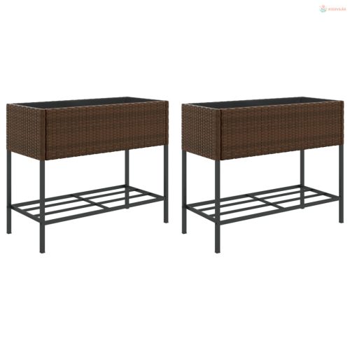 2 db barna polyrattan kerti ültetőláda polccal 90 x 40 x 75 cm