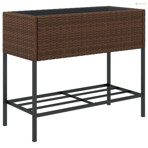 2 db barna polyrattan kerti ültetőláda polccal 90 x 40 x 75 cm