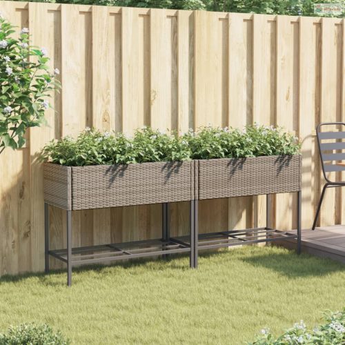 2 db szürke polyrattan kerti ültetőláda polccal 90 x 40 x 75 cm