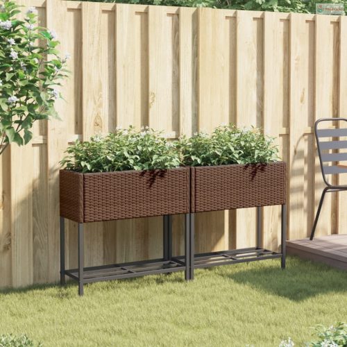 2 db barna polyrattan kerti ültetőláda polccal 70 x 28 x 70 cm
