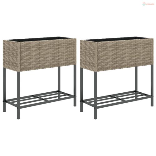 2 db szürke polyrattan kerti ültetőláda polccal 70 x 28 x 70 cm