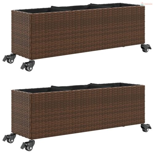 2 db barna polyrattan növénytartó kerékkel 107x32x38 cm