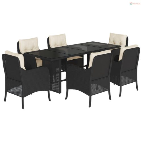 7 részes fekete polyrattan kerti étkezőgarnitúra párnával