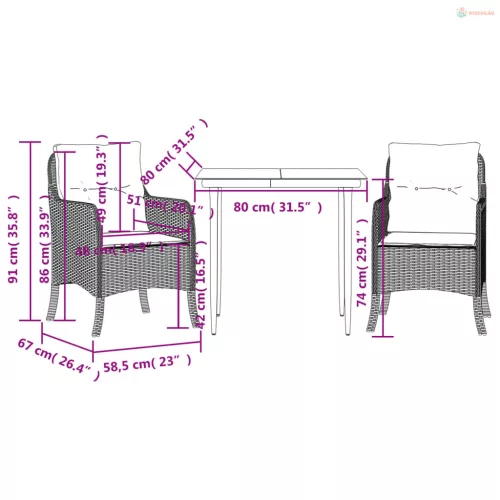 3 részes barna polyrattan kerti étkezőgarnitúra párnával