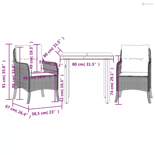 3részes világosszürke polyrattan kerti étkezőgarnitúra párnával