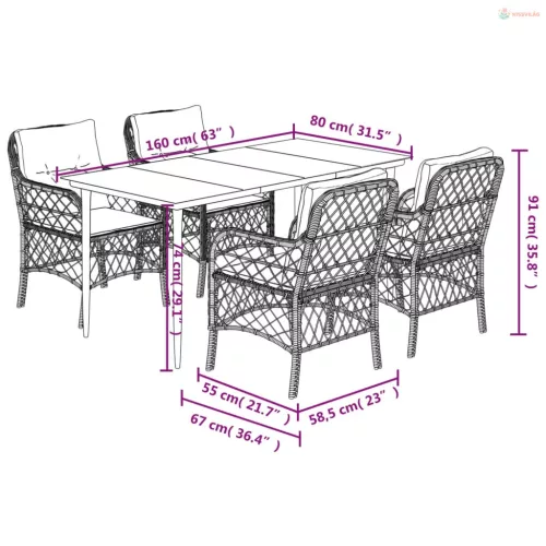 5 részes barna polyrattan kerti étkezőgarnitúra párnákkal