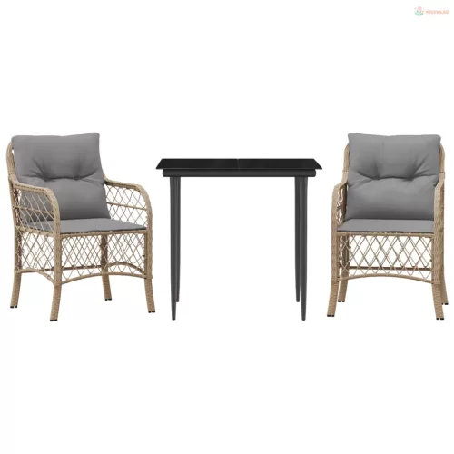 3 részes vegyes bézs polyrattan bisztrógarnitúra párnákkal