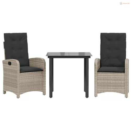 3részes világosszürke polyrattan kerti étkezőgarnitúra párnával