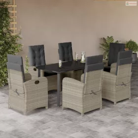   7 részes világosszürke polyrattan kerti étkezőszett párnával