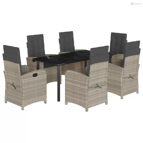 7 részes világosszürke polyrattan kerti étkezőszett párnával