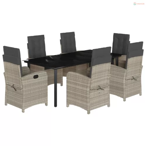 7 részes világosszürke polyrattan kerti étkezőszett párnával