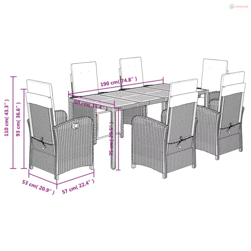 7 részes fekete polyrattan kerti étkezőgarnitúra párnával