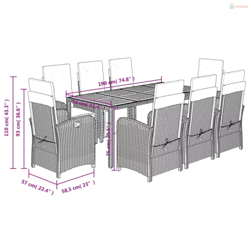 9 részes fekete polyrattan kerti étkezőgarnitúra párnákkal