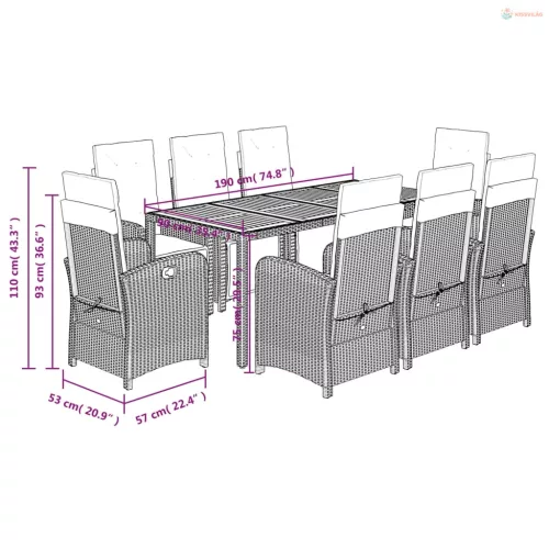 9 részes szürke polyrattan kerti étkezőgarnitúra párnával