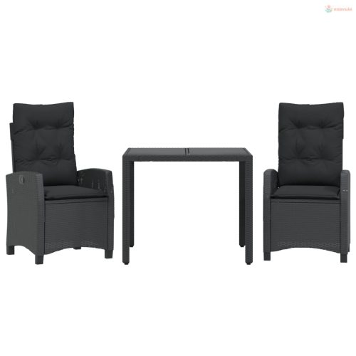 3 részes fekete polyrattan kerti étkezőgarnitúra párnákkal
