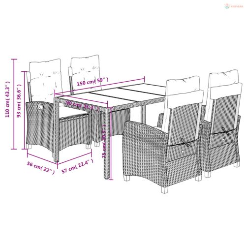 5 részes fekete polyrattan kerti étkezőgarnitúra párnákkal