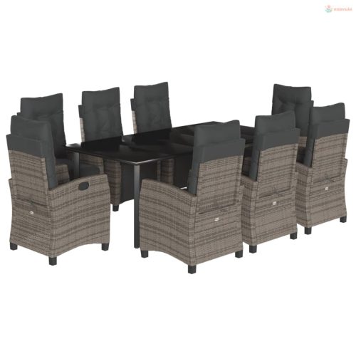 9 részes szürke polyrattan kerti étkezőgarnitúra párnával