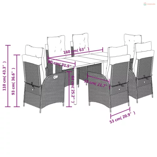 7 részes fekete polyrattan kerti étkezőgarnitúra párnával