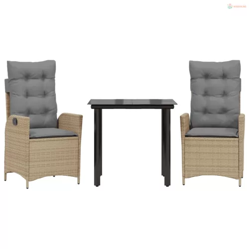 3 részes bézs polyrattan kerti étkezőgarnitúra párnákkal