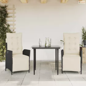   3 részes fekete polyrattan kerti étkezőgarnitúra párnákkal