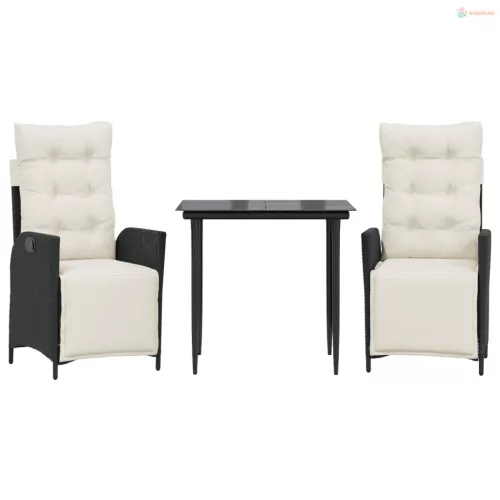 3 részes fekete polyrattan kerti étkezőgarnitúra párnákkal