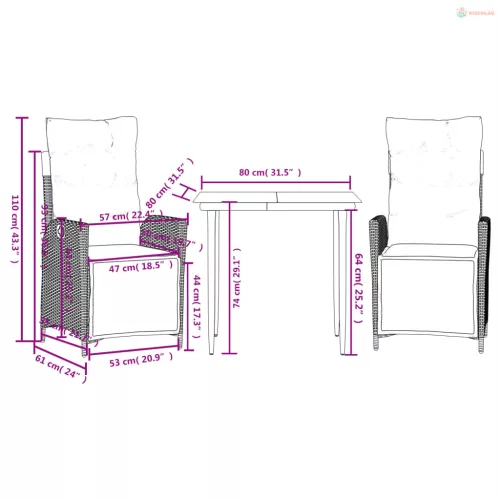 3 részes fekete polyrattan kerti étkezőgarnitúra párnákkal