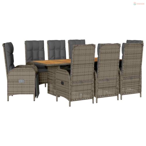 9 részes szürke polyrattan kerti étkezőgarnitúra párnával