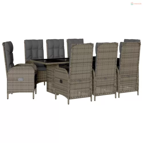 9 részes szürke polyrattan kerti étkezőgarnitúra párnával