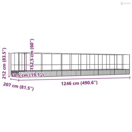 Ezüstszínű acél madárház bővítménnyel 1246x207x212 cm