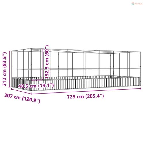 Ezüstszínű acél madárház bővítménnyel 725x307x212 cm