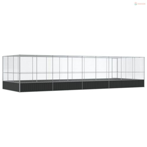 Ezüstszínű acél madárház bővítménnyel 932x307x212 cm