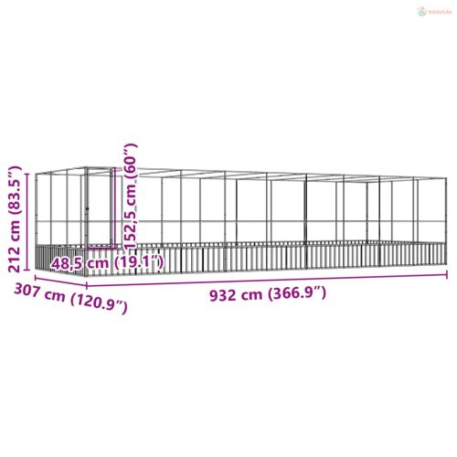 Ezüstszínű acél madárház bővítménnyel 932x307x212 cm