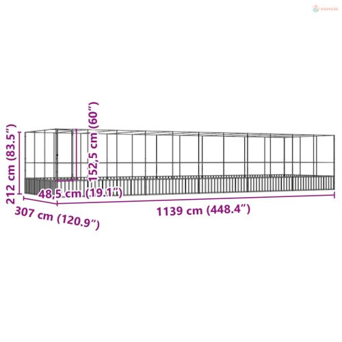 Ezüstszínű acél madárház bővítménnyel 1139x307x212 cm