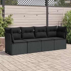  4 részes fekete polyrattan kerti ülőgarnitúra párnákkal
