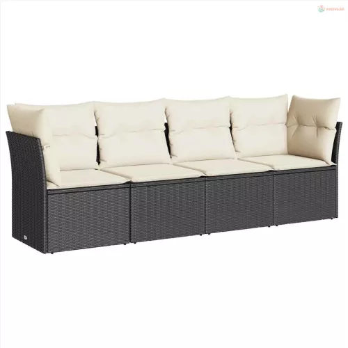 4 részes fekete polyrattan kerti ülőgarnitúra párnákkal