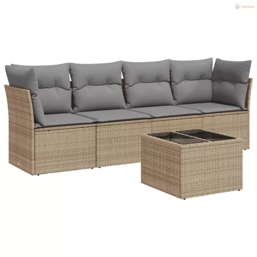 5 részes bézs polyrattan kerti ülőgarnitúra párnákkal