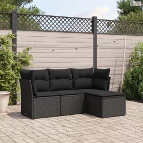   4 részes fekete polyrattan kerti ülőgarnitúra párnákkal