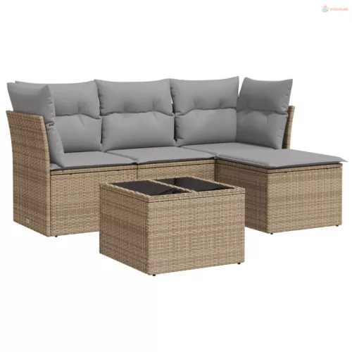 5 részes bézs polyrattan kerti ülőgarnitúra párnákkal