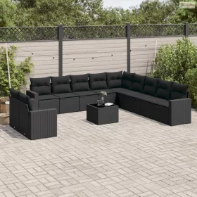   12 részes fekete polyrattan kerti ülőgarnitúra párnákkal