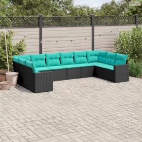   10 részes fekete polyrattan kerti ülőgarnitúra párnával