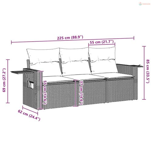 3 részes barna polyrattan kerti ülőgarnitúra párnával