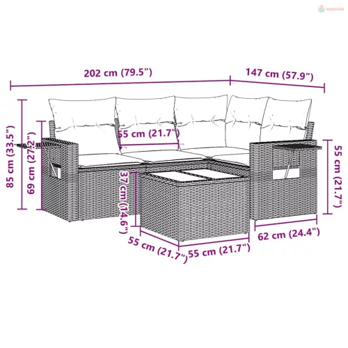 5 részes világosszürke polyrattan kerti ülőgarnitúra párnákkal
