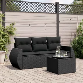   4 részes fekete polyrattan kerti ülőgarnitúra párnákkal
