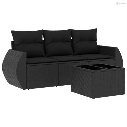 4 részes fekete polyrattan kerti ülőgarnitúra párnákkal