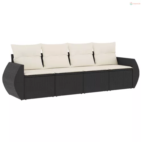 4 részes fekete polyrattan kerti ülőgarnitúra párnákkal