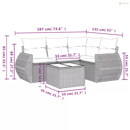 5 részes fekete polyrattan kerti kanapészett párnákkal